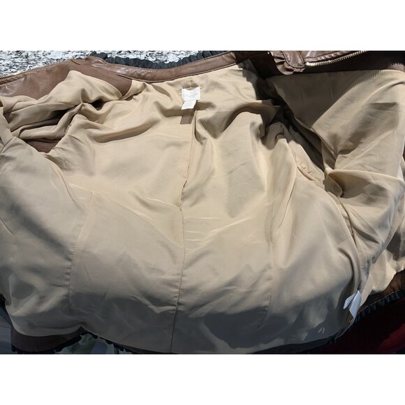 Chicos Jacket Small (1) Brown Vegan Faux Leather Sleeves Ruffle Trim Zip Lined - Picture 9 of 12